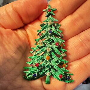 Green Enamel Christmas Tree Brooch with Multicolor Rhinestone Ornaments 2.5 inch